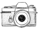 Gezeichnete Fotokamera in schwarz-weiß