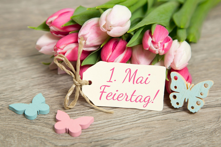 1. Mai Feiertag Tulpen und ein kleines Schild mit der Aufschrift 1. Mai Feiertag.