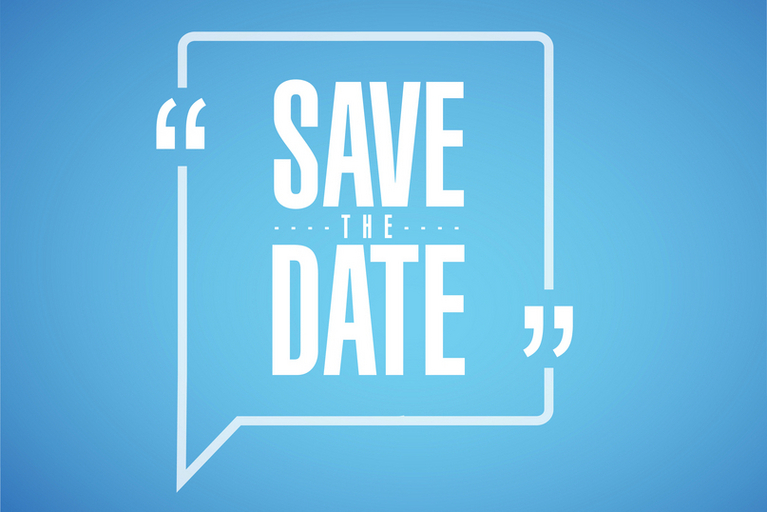Save the date Schriftzug auf blauem Hintergrund