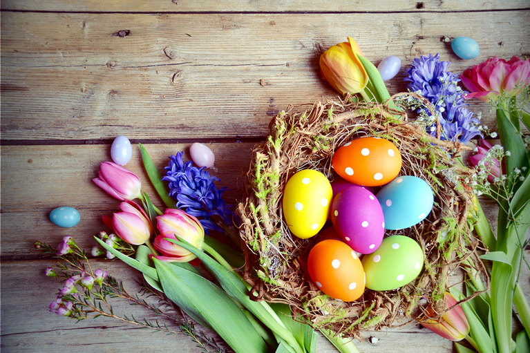Ostereier im Nest und Blumen.