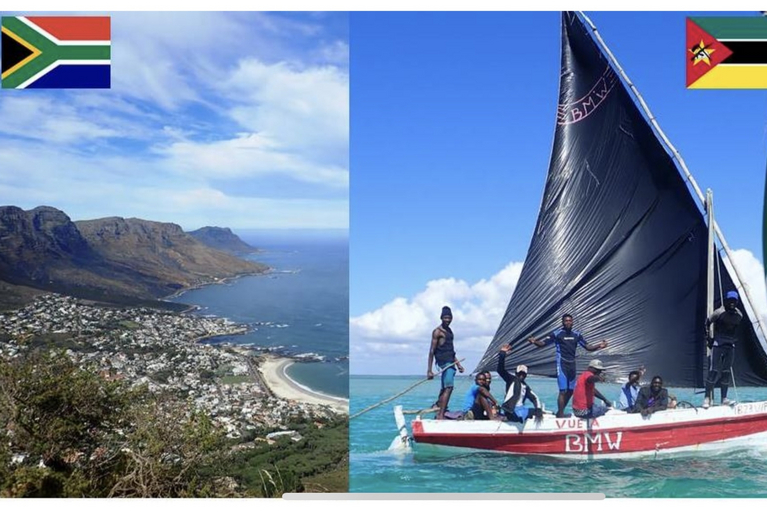 Im linken Teil des Bildes Landschaft, im rechten Teil ein Segelschiff