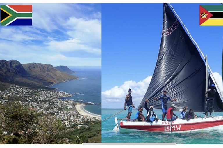 Im linken Teil des Bildes Landschaft, im rechten Teil ein Segelschiff