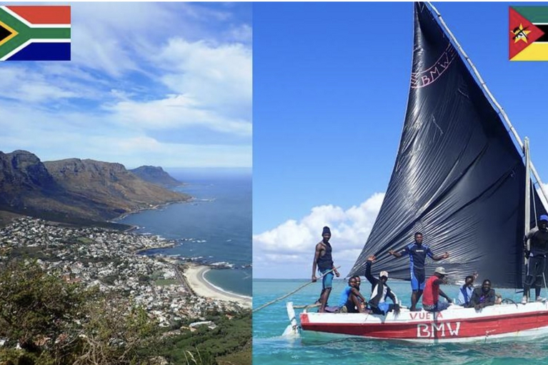 Im linken Teil des Bildes Landschaft, im rechten Teil ein Segelschiff